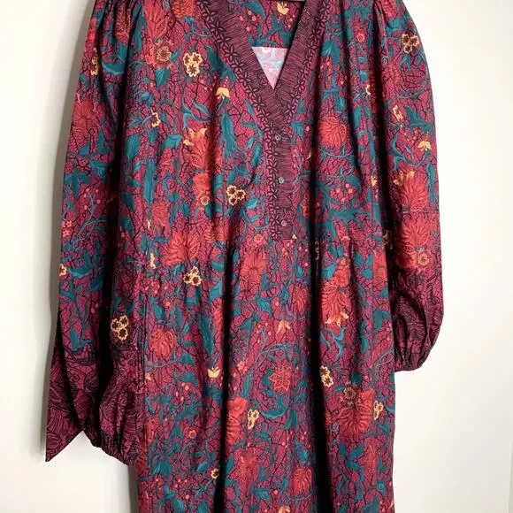 Celina Moon Myrna Merlot Long Sleeve Floral Maxi Dress Womens Large